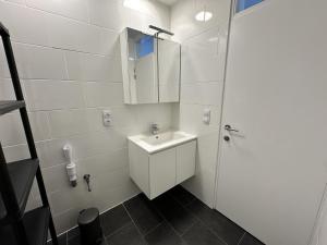 Un baño blanco con lavabo y espejo. en Westhinder I H30, en Koksijde