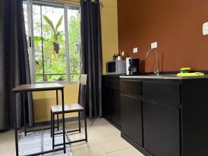 a kitchen with a counter and a sink and a window at Cabaña del Lago in Marsella