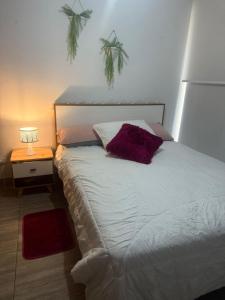 een slaapkamer met een wit bed en een paars kussen bij Apartment, 3 bedrooms and 2 full bathrooms in Armenia