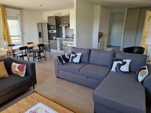 a living room with two couches and a kitchen at Agréable chambre in Prévessin +12 photos