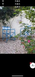 twee blauwe stoelen naast een muur met bloemen bij Quince 45 in La Plata