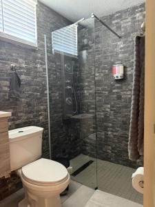 Un baño con inodoro y ducha de cristal. en Colombiano boricua, en Quebradillas 7 fotos más