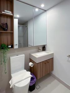 a bathroom with a toilet and a sink and a mirror at Convenient Loft Modern Stay Central Box Hill in Box Hill