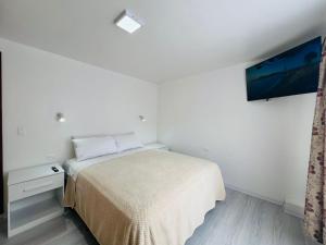 巴尼奥斯Luxury Apartment with Jacuzzi 2 Bedroom 2 Bath的一间带床和电视的小卧室