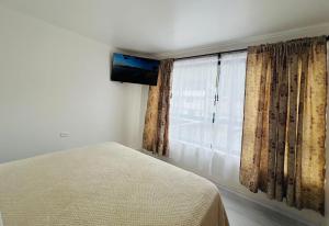 巴尼奥斯Luxury Apartment with Jacuzzi 2 Bedroom 2 Bath的一间带床的卧室和一扇带窗帘的窗户