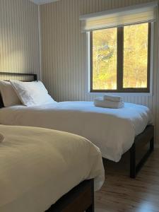 two beds in a bedroom with a window at Cabañas - Casa Rural 32 in Villa O'Higgins