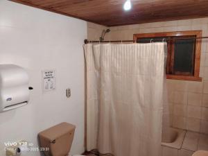 um banheiro com cortina de chuveiro e vaso sanitário em Hospedaje Mirador del Puerto em Quellón