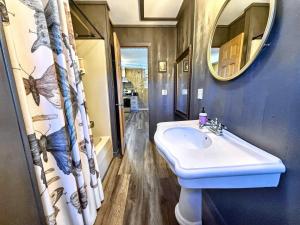 ein Badezimmer mit Waschbecken und Spiegel in der Unterkunft The Spotted Owl in Highlands + 21 Fotos
