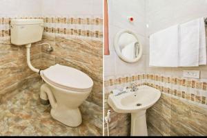 two pictures of a bathroom with a toilet and a sink at Coolspot Cottage in Ooty