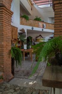 Una sala de estar con una mesa y algunas plantas. en Hotel Casa Lasibe Café, en Santa Cruz Huatulco