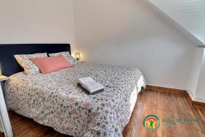 a small bedroom with a bed with a pink pillow at Gite de kermativan in La Trinité-Surzur