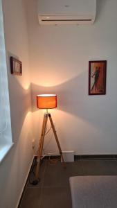 a light in a room with a tripod against a wall at Srebrno Jezero studio apartman Dimi in Veliko Gradište