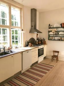 Historic Manor House At Gelskov Estate في Sandholts-Lyndelse: مطبخ مع حوض وموقد