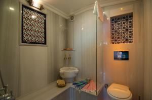 uma casa de banho com um chuveiro, um WC e um lavatório. em Blue Mosque Suites-Old City Sultanahmet em Istambul
