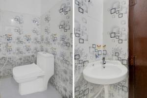 two pictures of a bathroom with a toilet and a sink at Hotel O Film City Hyderabad Formerly RJ Residency in Pedda Ambarpet