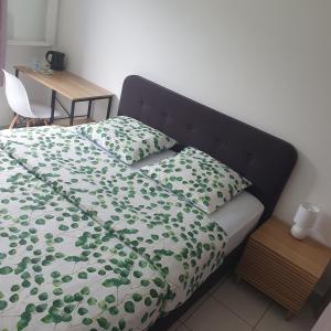 a bedroom with a bed with a green and white comforter at Chambres chez l'habitant in Saint-Paul +2 photos