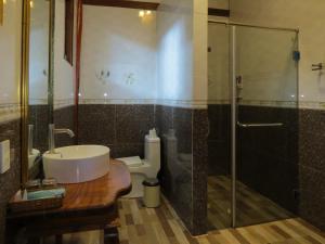 富国Serene Retreat Phu Quoc的浴室配有洗手池和玻璃淋浴房