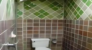 Un baño con inodoro y azulejos marrones y verdes. en Fah Place Hotel, en Nan