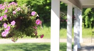 two pictures of flowers hanging from a porch at Keuka Lake Motel - Adults Only in Keuka +17 photos