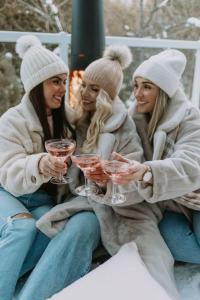 three women sitting around a table holding wine glasses at DAY DREAM HOUSE! Great value for price! in Breaza
