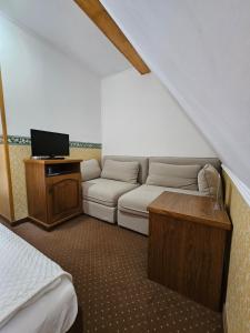 a room with a couch and a desk with a television at Penzión Encián in Tatranská Lomnica