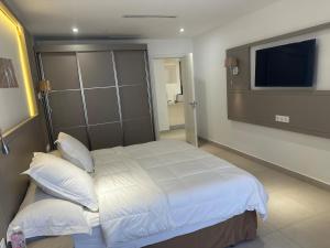 ein Schlafzimmer mit einem großen Bett und einem Fernseher in der Unterkunft Apartment f2 in Hydra