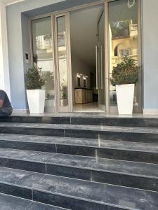 eine Gruppe von Topfpflanzen, die auf den Stufen eines Gebäudes sitzen in der Unterkunft Apartment f2 in Hydra