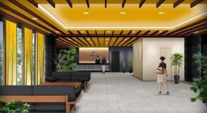 京都市にあるKyoto Plaza Hotel Kyoto Station Southのソファとベンチのあるロビーのレンダリング