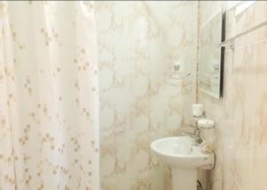 a bathroom with a sink and a shower curtain at Leli in Sighnaghi +55 photos