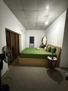 a bedroom with a green bed and a fan at Sri Vishwa Buddha MUni in Kalagedihena