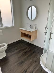 a bathroom with a sink and a toilet and a mirror at Bay Vista - glorious Golden Bay Ocean Views in Pohara +5 photos