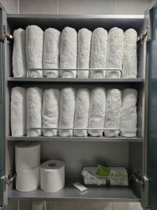 a shelf filled with rolls of toilet paper at Stay Dasony in Gyeongju