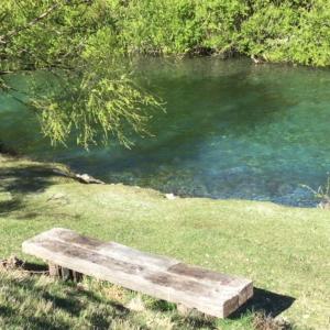 a wooden bench sitting in the grass next to a pond at hawea river retreat in Albert Town +3 photos