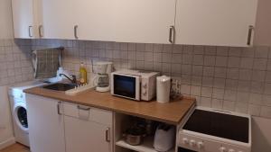 a kitchen with a counter with a microwave and a sink at Crew Quartier ALL-INCLUSIVE Serviced Apartment in Krostitz in Krostitz