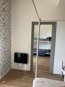 a bedroom with a mirror and a bed and a tv at Domaine Le Chalet de Brousses in Brousses-et-Villaret