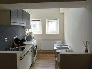 a kitchen with a sink and a counter top at Spital 1 cameră studio in Târgu-Mureş