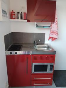 a small kitchen with a sink and a microwave at DUPLEX BASSIN D'ARCACHON in Gujan-Mestras