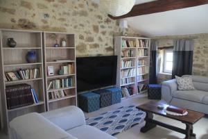 un soggiorno con divano, TV e libreria di Grande maison Art Nouveau entre mer & garrigue, charme et loisirs au cœur du Sud a Gabian