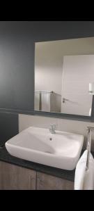 ein Badezimmer mit einem weißen Waschbecken und einem Spiegel in der Unterkunft The Eyrie in Nelspruit + 17 Fotos