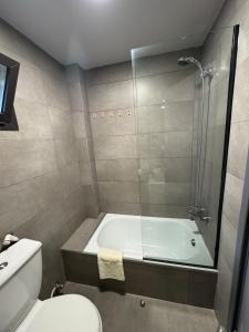 a bathroom with a shower and a tub and a toilet at The Cozy Inn - Sapphire in Fārayyā +9 photos