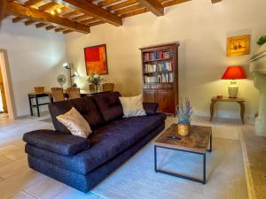 een woonkamer met een blauwe bank en een tafel bij Charming house in Oppede - Swimming Pool & Tranquility in Oppède