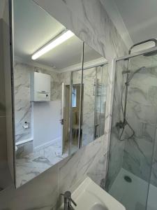 a bathroom with a shower and a sink at Livingwell Home in Gravesend