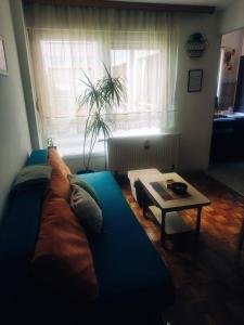 バニャ・ルカにあるSunny Banja Lukaの青いソファとテーブルのあるリビングルーム