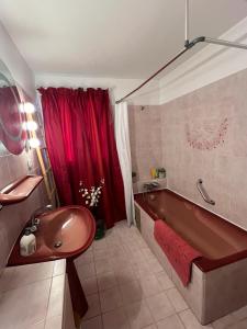 Beauregard-BaretMaison avec vue sur le Vercors的浴室里有洗手池、浴缸和红色淋浴间