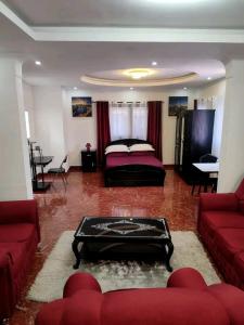 アンタナナリボにあるIsorakaparTのベッドと赤いソファのあるリビングルーム