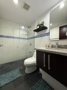 Un baño con inodoro y ducha de cristal. en Peaceful Escazu Getaway with Pool, Wi-Fi & Work Space, en Santa Ana