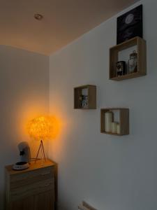 a room with a table with a lamp on a wall at Appartement chaleureux, proche gare et monuments in Vienne