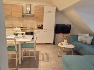 a kitchen and living room with a couch and a table at private apartment in Luxembourg