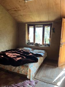 a bed in a small room with a window at Ikigai homestay in Vashisht