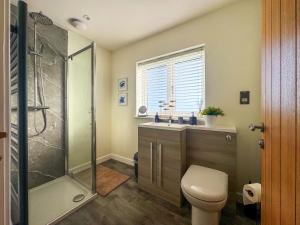 a bathroom with a shower and a toilet and a sink at Seafields in Sidestrand +5 photos